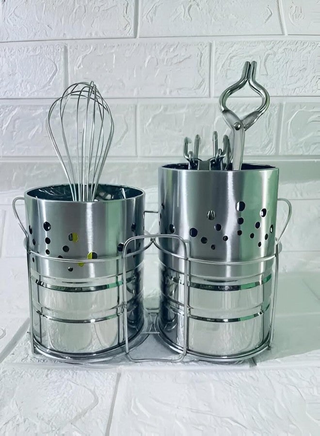 EvoFlex Stainless Steel Utensil Holder Set with Stand, Spoon Stand 4 and 5 Inches, Pack of 2, Silver - Image 4